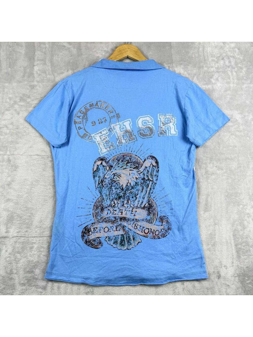 Ed Hardy Eagle Graphic Polo Shirt Womens S Blue Y2K Tiger Tattoo Rainstone NWTT